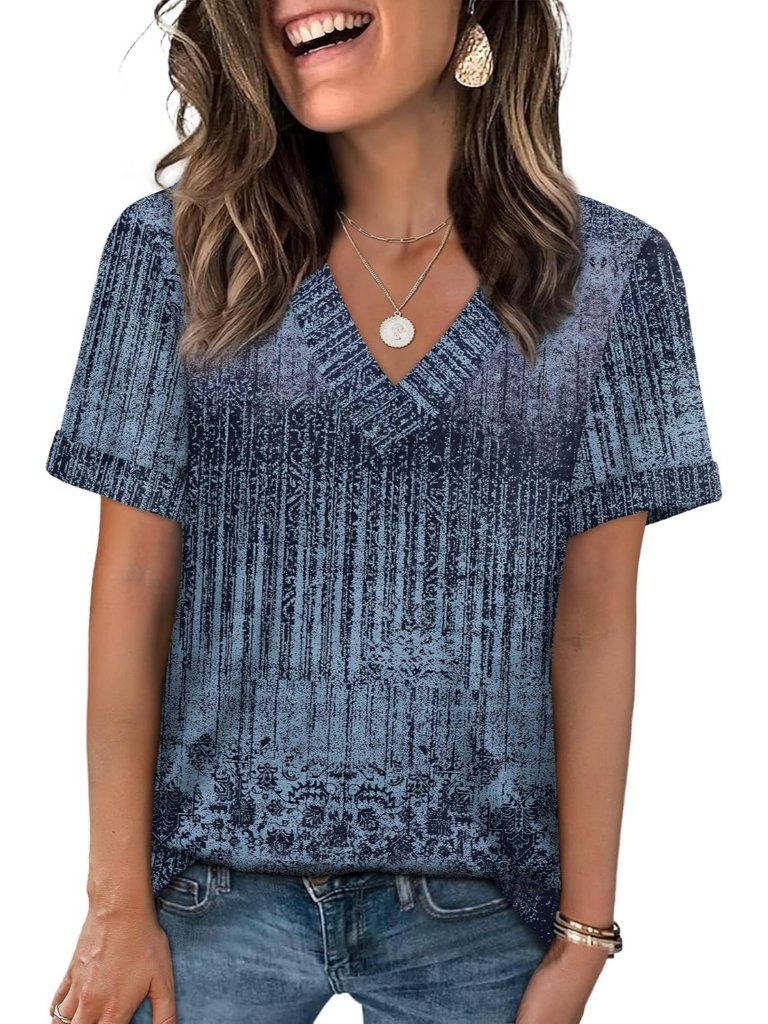 Women's Boho Navy Short Sleeve Comfortable Casual V Neck Trendy Fashion T Shirt